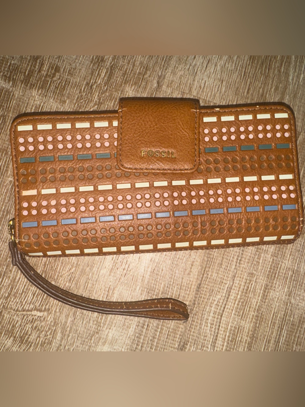 Fossil Brown Leather Wristlet Phone Case with Pink & Blue Accents